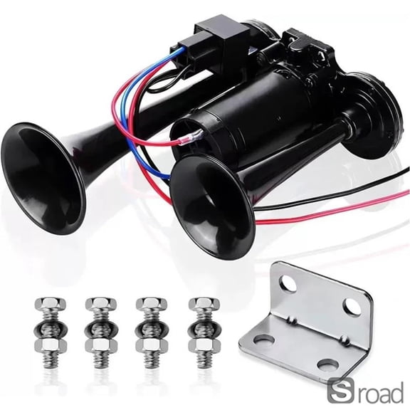 Super Loud 12V Dual Trumpet Electric Car Horn Kit, Universal Air Horn For Car SUV Truck Motorcycle Boat RV, Easy Installation With Bracket (Chrome/Black)