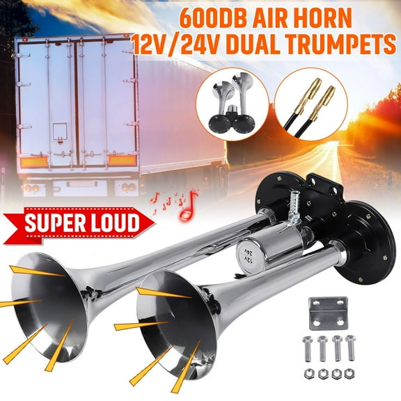 Super Loud Air Horn Compressor Dual Trumpet Kit For Car Truck 12V-24V Chrome
