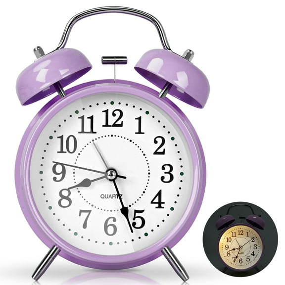 Super Loud Alarm Clock for Heavy Sleepers, 4 inches Twin Bell Alarm Clock with Backlight, Silent Non-Ticking & Luminous dial, Digital Alarm Clocks for Kids, Adults, Bedrooms(Purple)