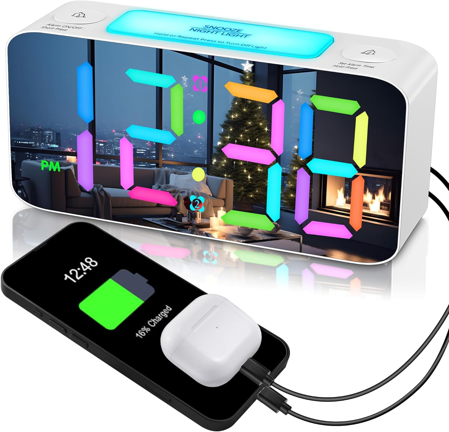 Super Loud Alarm Clock for Heavy Sleepers Adults,Digital Clock with 7 Color NightLight,Adjustable Volume,Dimmer,USB Charger,Small Clocks for Bedrooms,Ok to Wake Up for Kids,Teens (White+RGB)