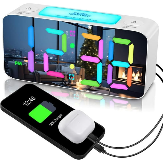 Super Loud Alarm Clock for Heavy Sleepers Adults,Digital Clock with 7 Color NightLight,Adjustable Volume,Dimmer,USB Charger,Small Clocks for Bedrooms,Ok to Wake Up for Kids,Teens (White+RGB)