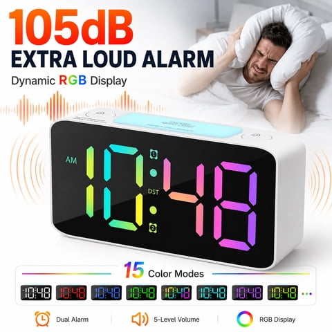 Super Loud Alarm Clock for Heavy Sleepers Adults,Digital Clock with 7 Color NightLight,Adjustable Volume,Dimmer,USB Charger,Small Clocks for Bedrooms,Ok to Wake Up for Kids,Teens (White+RGB)