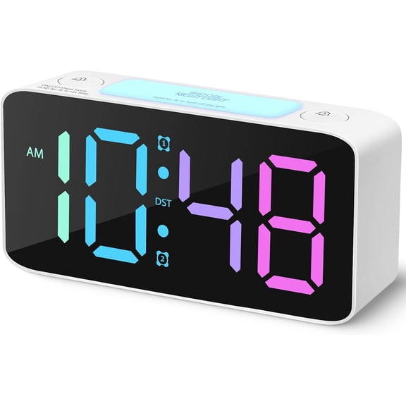Super Loud Alarm Clock for Heavy Sleepers Adults,Digital Clock with 7 Color NightLight,Adjustable Volume,USB Charger,Small Clocks for Bedrooms,Ok to Wake Up for Kids,Teens (White+RGB)
