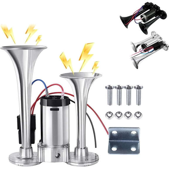 Super Loud Dual Electric Train Horns Kit Air-150DB Air Train Horn Kit with Compressor, Horn for 12V/24V Vehicles Trucks Motorcycle Pickup Trains Cars Boats (1set-Silver,24V)