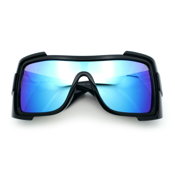 Super Loud Showy XL Oversized Thick Temple Wrap Shield Plastic Sunglasses [Black - Blue Mirror]