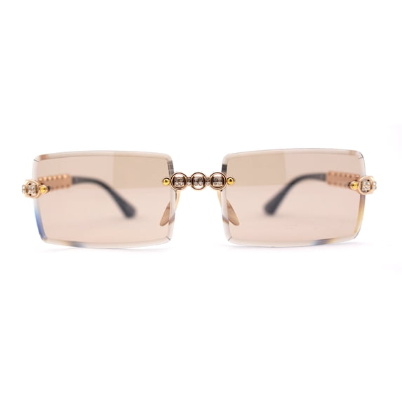 Super Luxury Rich Rhinestone Chain Frame Rimless Gangster Sunglasses Gold Beige