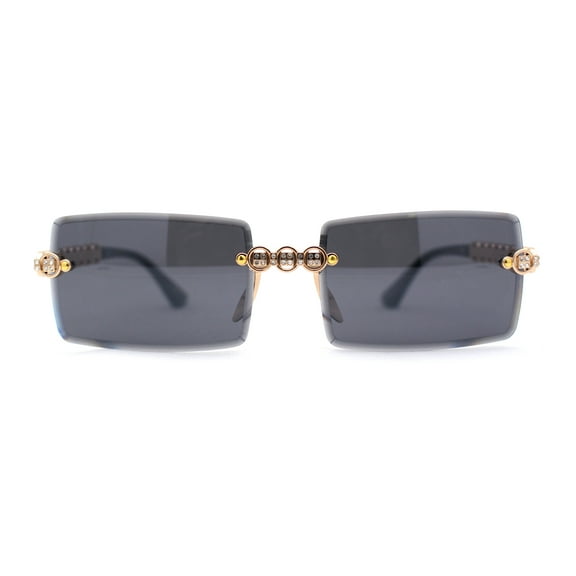 Super Luxury Rich Rhinestone Chain Frame Rimless Gangster Sunglasses Gold Black