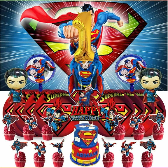 Super Man 1st Tableware Balloons Cake Toppers Backdrop Banner Supplies Party Decor Plates Decorations