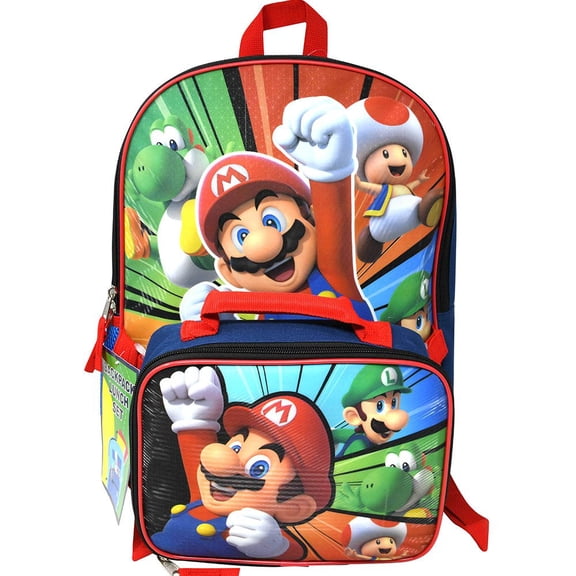 Super Mario 16" Backpack with lunch bag Plus 1 pc Poster Paint Set