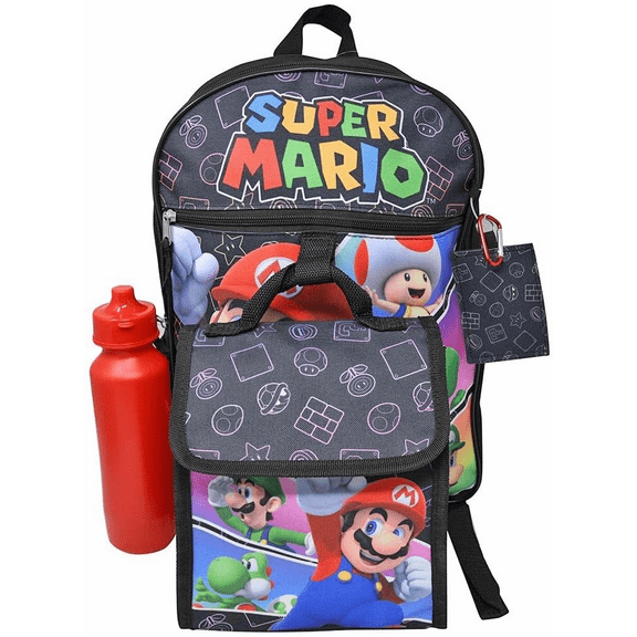 Super Mario 16" Backpack with lunch bag water bottle, carabiner clip & ID holder