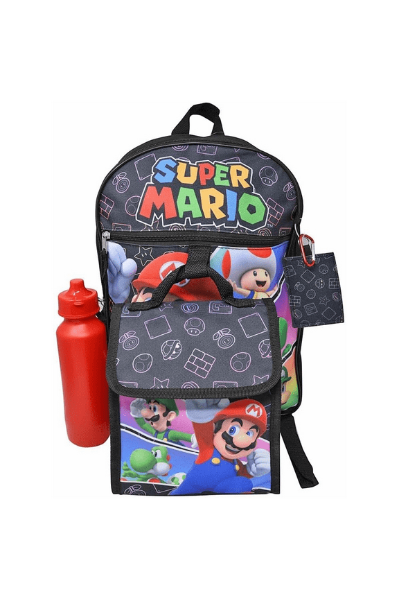 Super Mario 16" Backpack with lunch bag water bottle, carabiner clip & ID holder