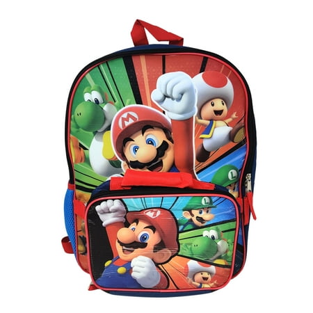 Super Mario Unisex Navy Blue Backpack 16" & Detachable Insulated Lunch Bag