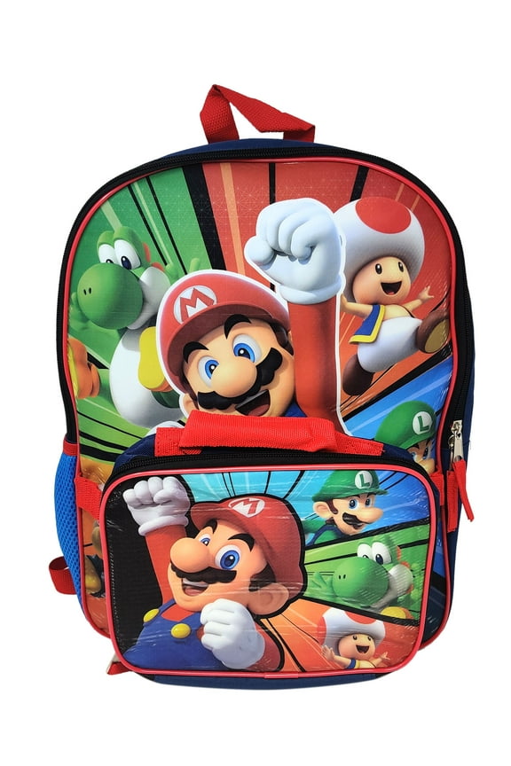 Super Mario Unisex Navy Blue Backpack 16" & Detachable Insulated Lunch Bag
