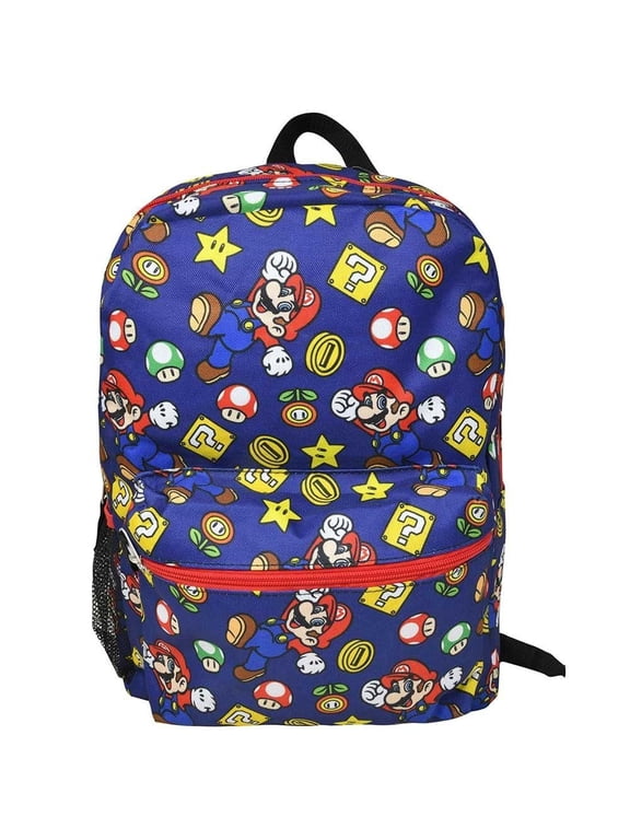 All Over Print 16" Navy Blue Unisex Super Mario Classic Backpack for School