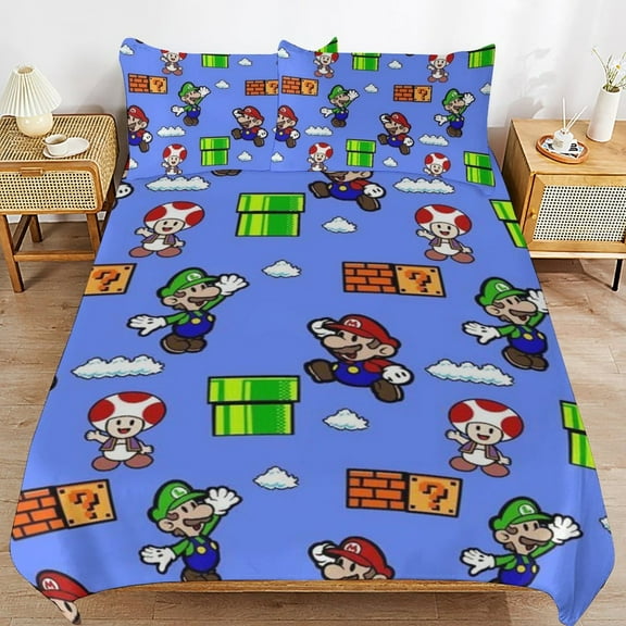 Super Mario 3 Pcs Bed Sheets Set Breathable Duvet Cover with 2 Pillow Sham Soft All Seasons Bedding Set 86"x70"