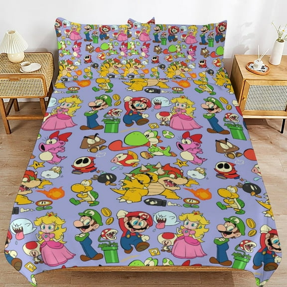 Super Mario 3 Pcs Bed Sheets Set Breathable Duvet Cover with 2 Pillow Sham Soft All Seasons Bedding Set 86"x70"