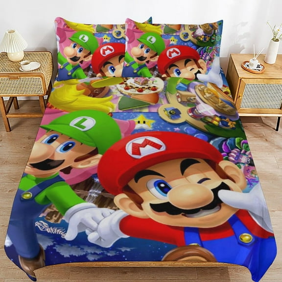 Super Mario 3 Pcs Bed Sheets Set Breathable Duvet Cover with 2 Pillow Sham Soft All Seasons Bedding Set 86"x70"