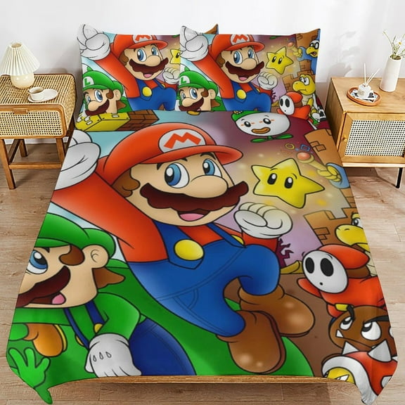 Super Mario 3 Pcs Bed Sheets Set Breathable Duvet Cover with 2 Pillow Sham Soft All Seasons Bedding Set 86"x70"