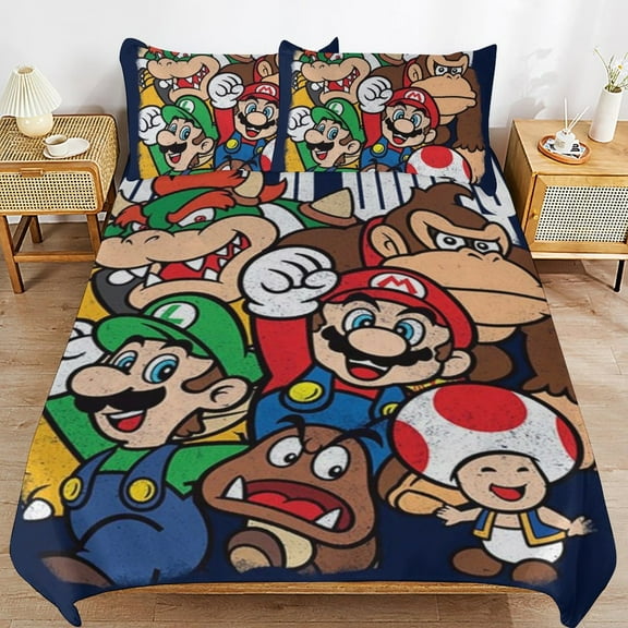 Super Mario 3 Pcs Bed Sheets Set Breathable Duvet Cover with 2 Pillow Sham Soft All Seasons Bedding Set 86"x70"