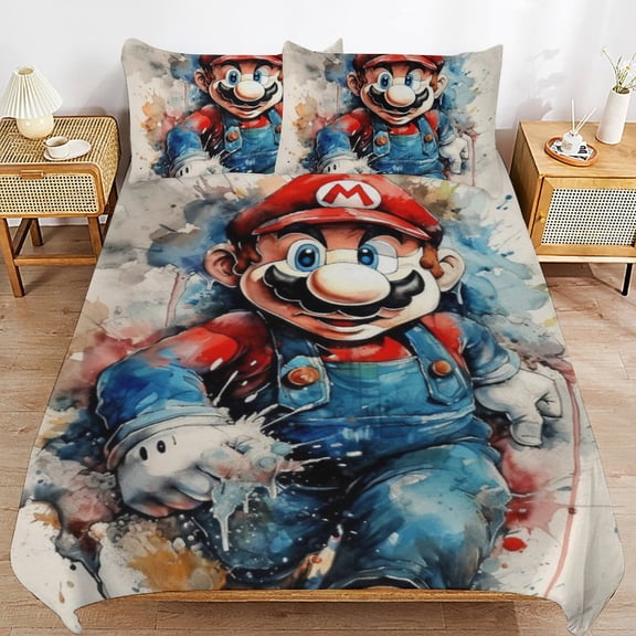 Super Mario 3 Pcs Bed Sheets Set Breathable Duvet Cover with 2 Pillow Sham Soft All Seasons Bedding Set 86"x70"