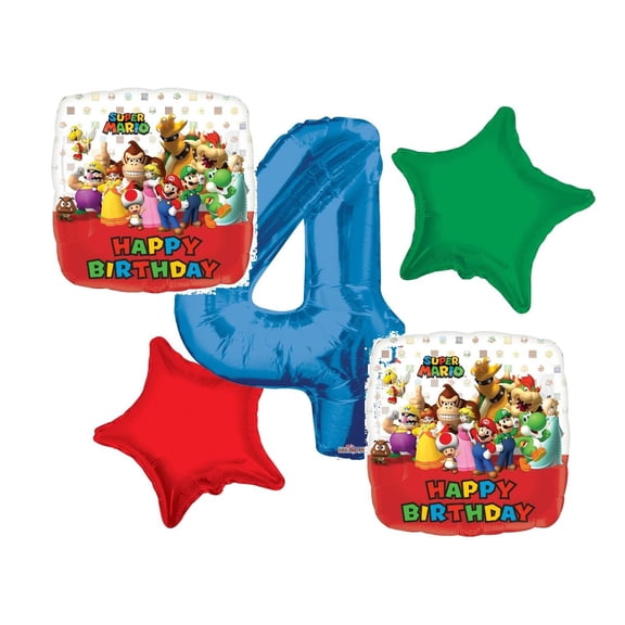 Super Mario Balloon Bouquet 4th Birthday 5 pcs - Party Supplies