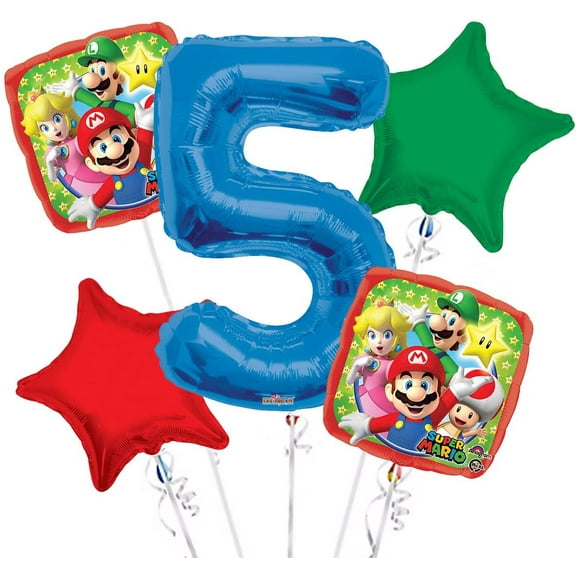 Super Mario Balloon Bouquet 5th Birthday 5 pcs - Party Supplies
