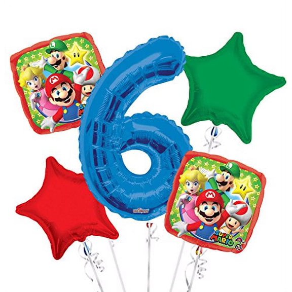 Super Mario Balloon Bouquet 6th Birthday 5 pcs - Party Supplies