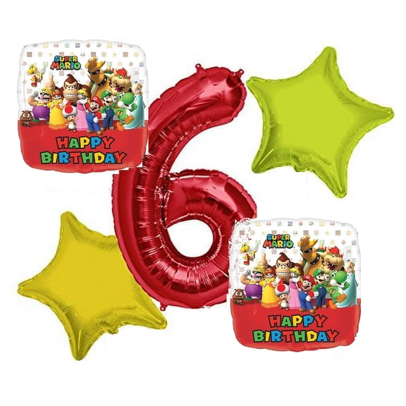 Super Mario Balloon Bouquet 6th Birthday 5 pcs - Party Supplies