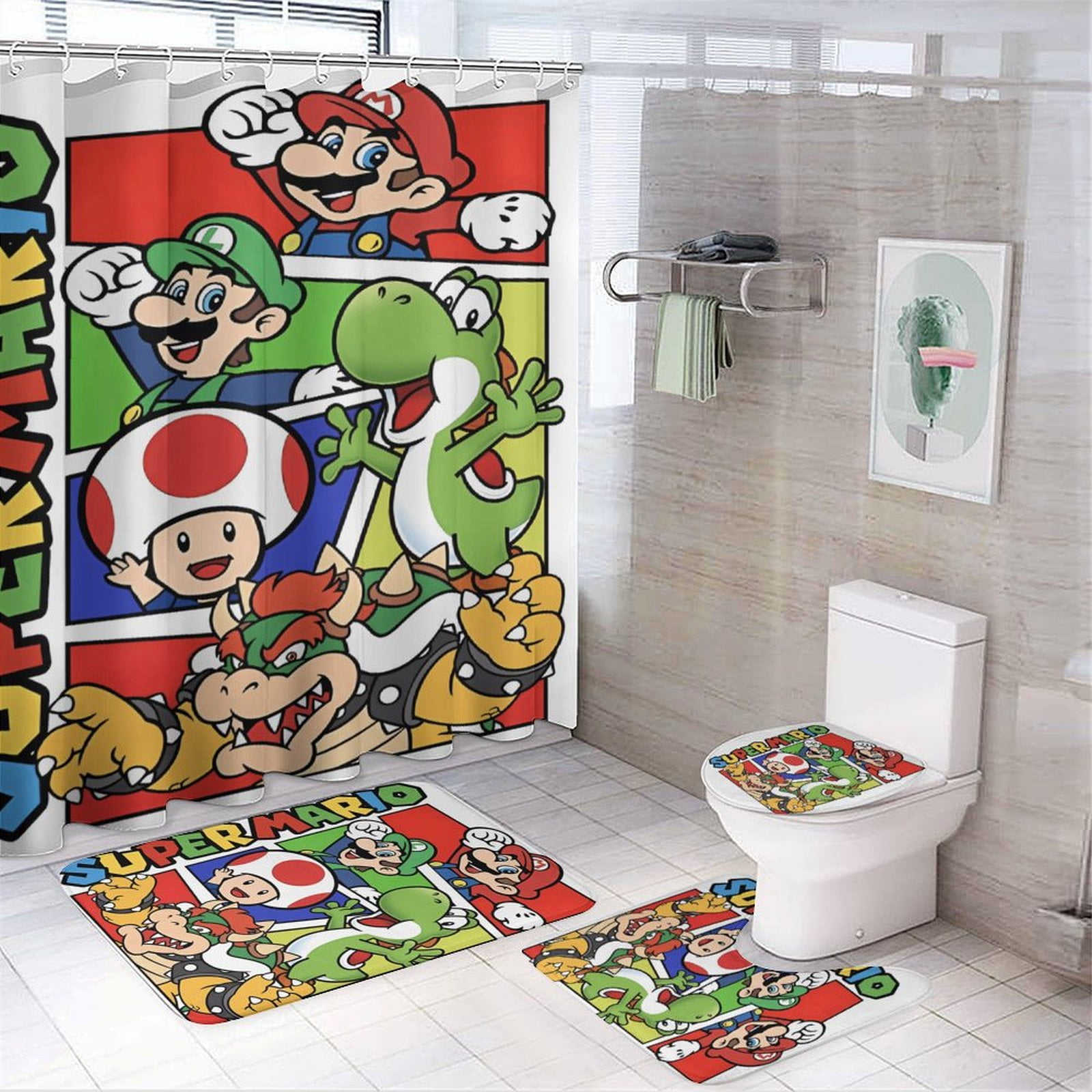 Super-Mario Bathroom Set - 4 Piece Shower Curtain Set with 72x72 inch ...