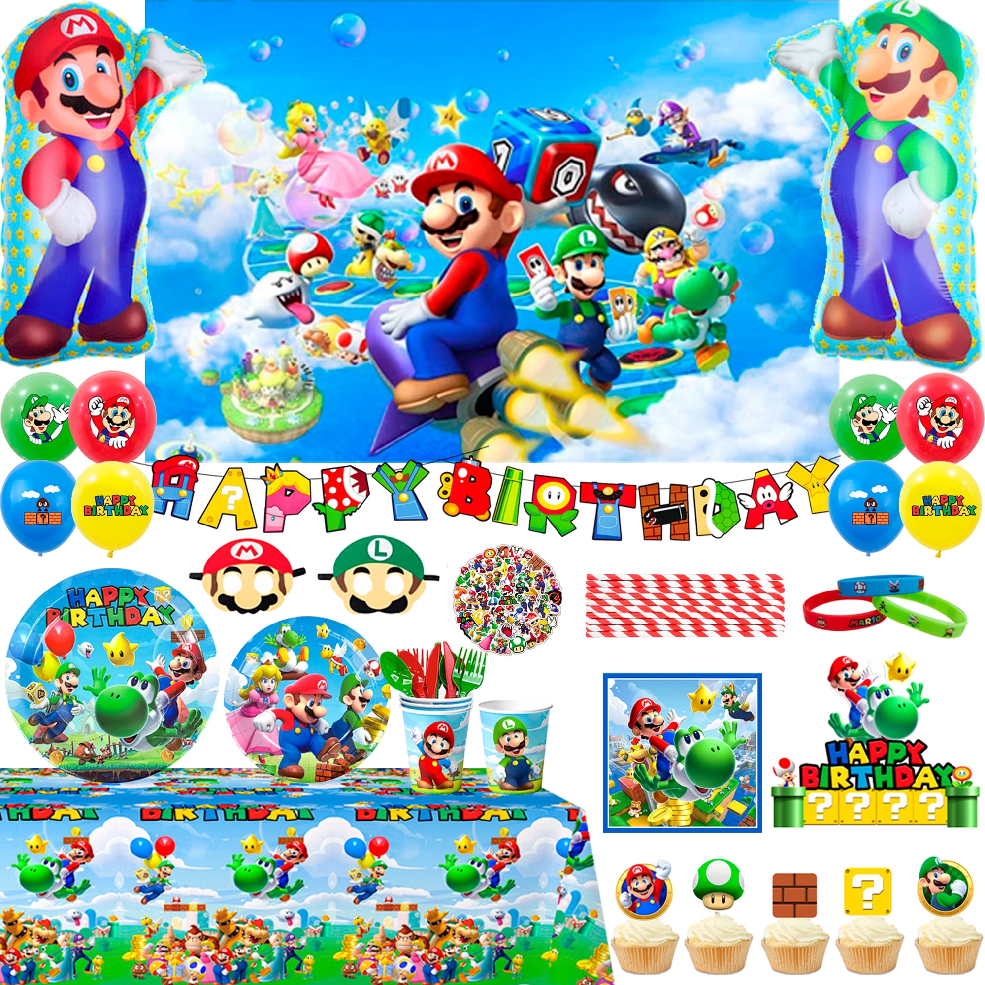 Super Mario Birthday Party Supplies,177pcs Mario Birthday Decorations & Tableware Set - Super Mario Bros Party Plates Napkins Cups Backdrop Banner Balloons etc Mario Party Supplies