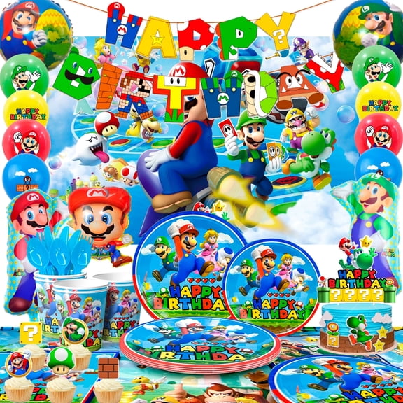Superr Marioo Birthday Party Supplies,103pcs Marioo Birthday Decorations & Tableware Set - Super Bros Party Plates Napkins Cups Backdrop Banner Balloons etc Marioo Party Supplies