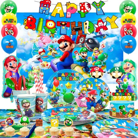 M-arioo Birthday Party Supplies,177pcs M-arioo Party Decorations&Tableware Set-M-arioo Party Plates Cups Napkins Table Cloth Balloons Backdrop Banner etc Super Bros Birthday Decorations
