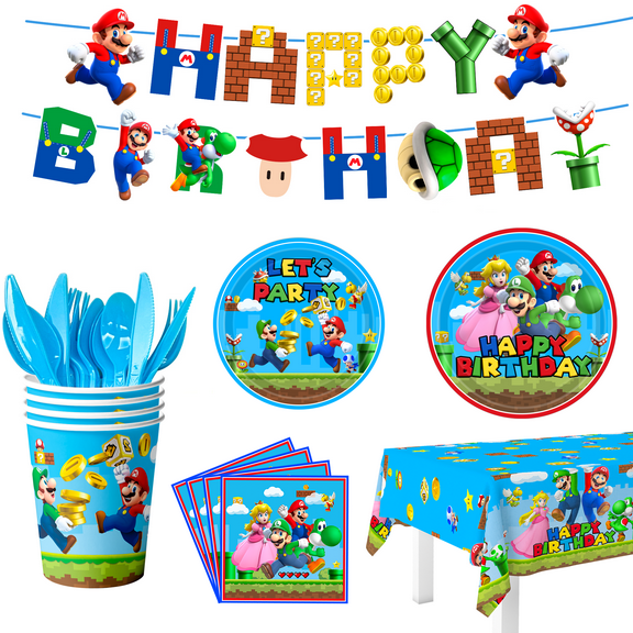 Superr Marioo Birthday Party Supplies Tableware-128pcs Mario Brothers Party Pack - Mario Party Plates Cups Napkins Tablecloth Banner etc Mario Birthday Decorations for Boys Kids