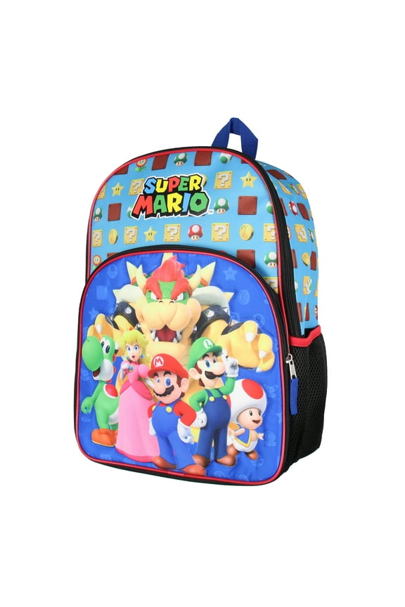 Super Mario Backpack Bowser Luigi Princess Peach Yoshi 16" Kids Bag School Travel Backpack With Quilted Front Design