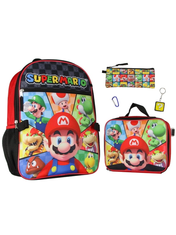 Super Mario Bowser Yoshi Luigi 5PC Kids Lunch Box And Backpack Set 16"