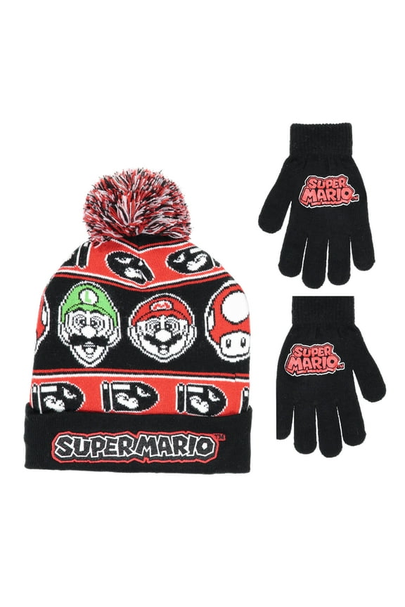 Boy's Embroidered Elastic Cuff Super Mario Hat, Scarf & Glove Sets, Multicolor
