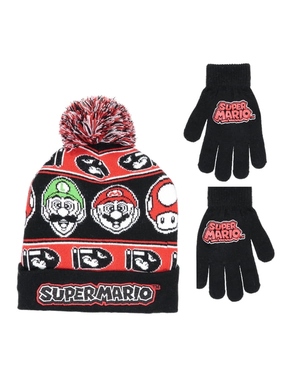 Super Mario Boy's Embroidered Elastic Cuff Super Mario Hat, Scarf & Glove Sets, Multicolor