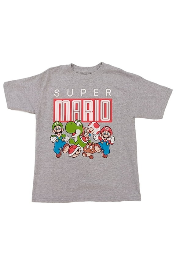 Boys Gray Luigi Toad & Yoshi Goomba T-Shirt Mario Tee Shirt XL 14-16
