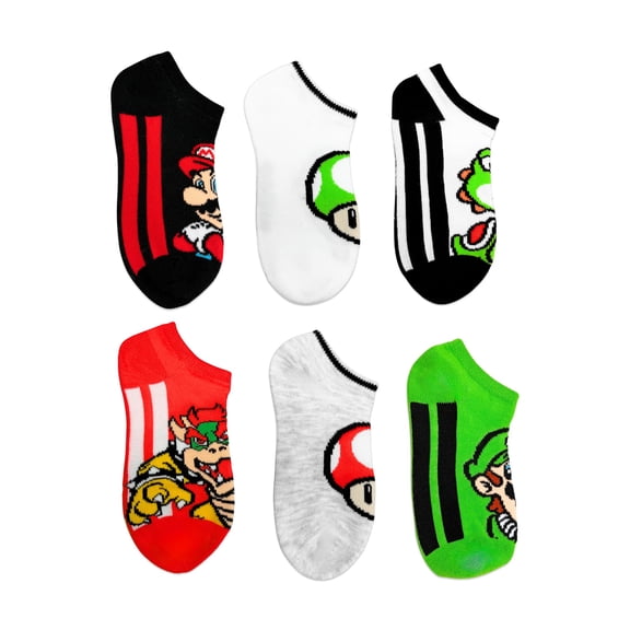Super Mario Boys No-Show Socks, 6-Pack, Sizes S-L