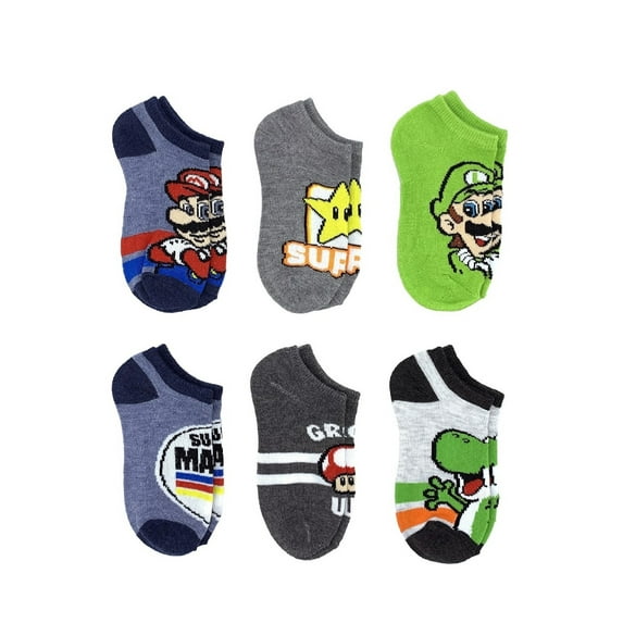Super Mario, Boys No-Show Socks, 6-Pack, Sizes S-L