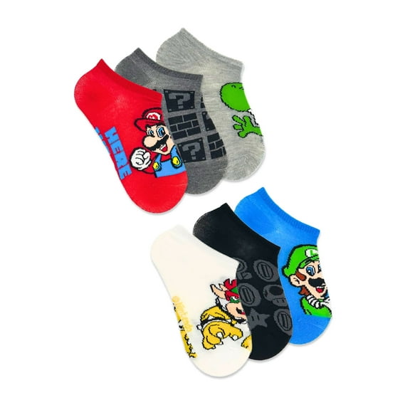 Super Mario, Boys No-Show Socks, 6-Pack, Sizes S-L