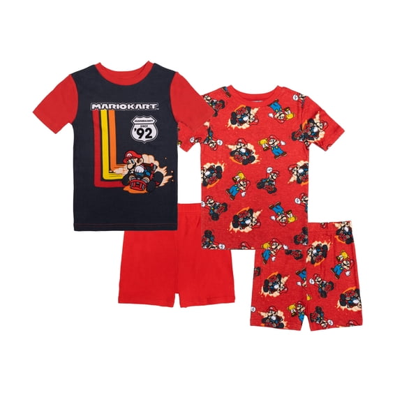 Super Mario Boys' Short Sleeve 4pc Pajama Shorts Set (4, Black/Red Mariokart)