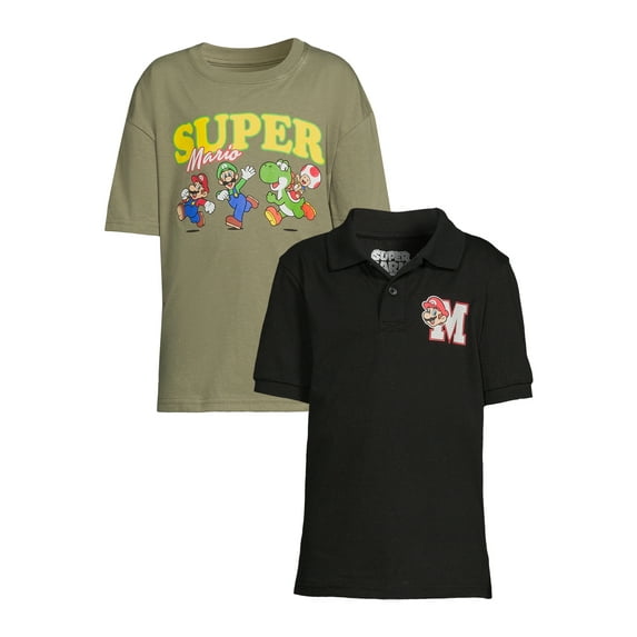 Super Mario Boys Short Sleeve Graphic Polo & T-Shirt, 2-Pack, Sizes 4-18