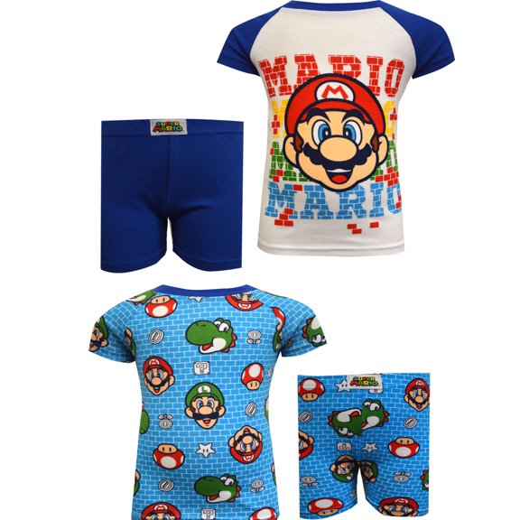 Super Mario Boys Short Sleeve Short Pant, 4-Piece Cotton Pajama Set Sizes 4-14