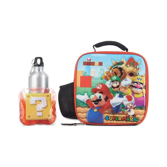 Super Mario Bros.3 Piece Lunch Box Set with Stainless Steel Water Bottle and Ice Pack for Boys, Insulated and Waterproof Lunch Bag with All Around Zipper, Toddler's Bag for Snacks, Meals and Drinks