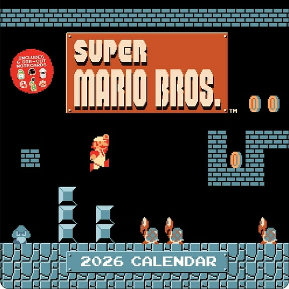 Super Mario Bros. 8-Bit Retro 2026 Wall Calendar + 6 Bonus Die-Cut Notecards, (Paperback)
