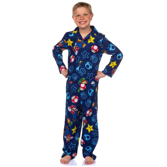 Nintendo Super Mario Kid's AOP Icons Print 2-Piece Long Sleeve Button Down Coat Elastic Waist Pajama Pant PJ Sleep Set