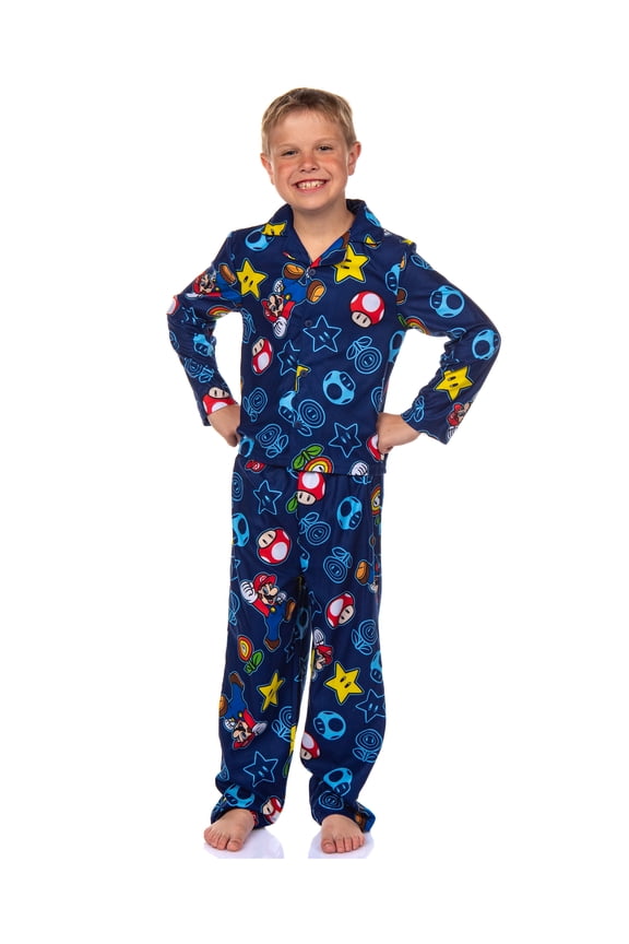 Nintendo Super Mario Kid's AOP Icons Print 2-Piece Long Sleeve Button Down Coat Elastic Waist Pajama Pant PJ Sleep Set