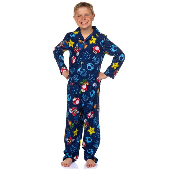 Nintendo Super Mario Kid's AOP Icons Print 2-Piece Long Sleeve Button Down Coat Elastic Waist Pajama Pant PJ Sleep Set