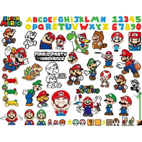 Super Mario Bros All Cast Design Nintendo Cartoon Character Wall Art Sticker Vinyl Decals Baby Girls Boys Children Kids Bedroom House Wall Art Decor Removable Sticker Peel and Stick Size (10x10 inch)